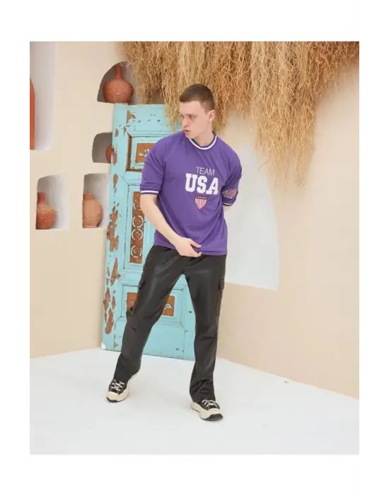 SBRD- Erkek Bisiklet Yaka Tişört Nakış İşlemeli Kısa Kol Oversize T-shirt - Mor