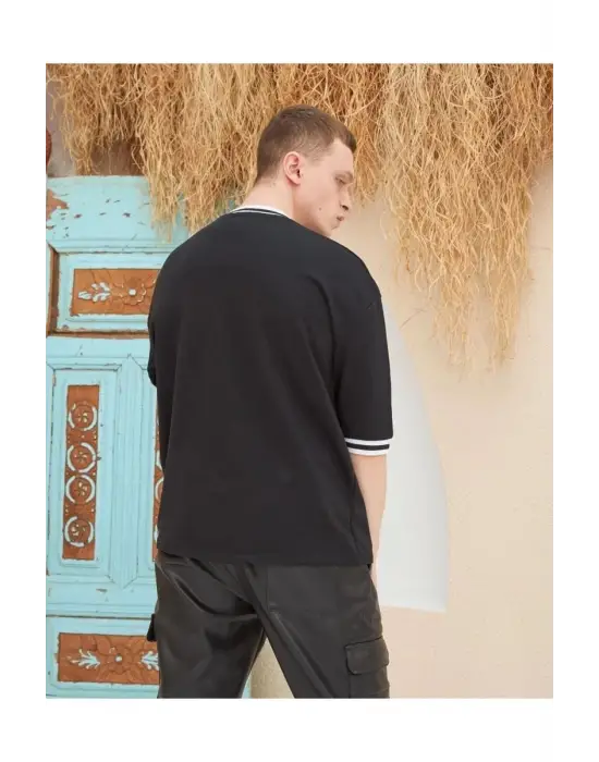 SBRD- Erkek Bisiklet Yaka Tişört Nakış İşlemeli Kısa Kol Oversize T-shirtsiyah