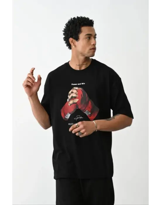SBRD- Erkek Boxy Eldiven Baskılı T-shirt Kısa Kol Bisiklet Yaka Tişört - Siyah