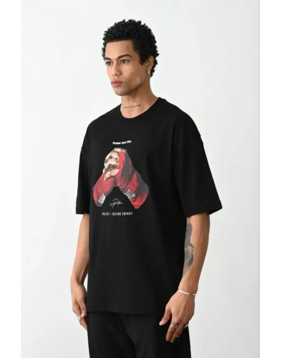 SBRD- Erkek Boxy Eldiven Baskılı T-shirt Kısa Kol Bisiklet Yaka Tişört - Siyah