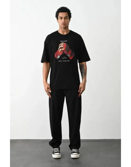 SBRD- Erkek Boxy Eldiven Baskılı T-shirt Kısa Kol Bisiklet Yaka Tişört - Siyah