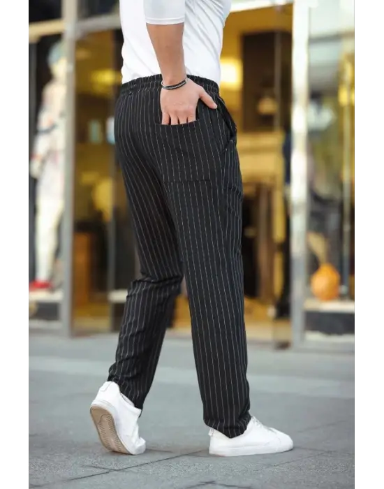 SBRD- Erkek Cizgili Dokuma Krep Jogger Buggy Pantalon Rahat Kalıp - Siyah