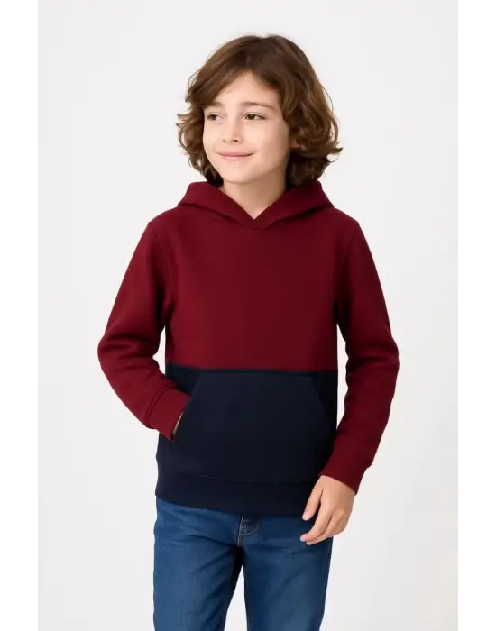 SBRD- Erkek Çocuk Kapüşonlu Kanguru Cepli Parçalı Sweatshirt - Renkli