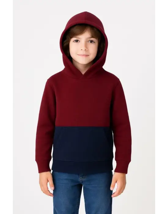 SBRD- Erkek Çocuk Kapüşonlu Kanguru Cepli Parçalı Sweatshirt - Renkli