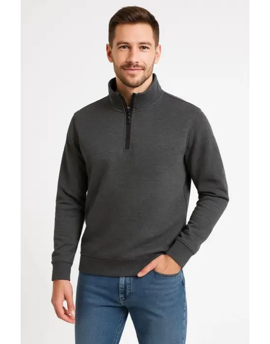 SBRD- Erkek Dik Yaka Yarım Fermuarlı 3 İplik Pamuklu Sweatshirt -  Antrasit