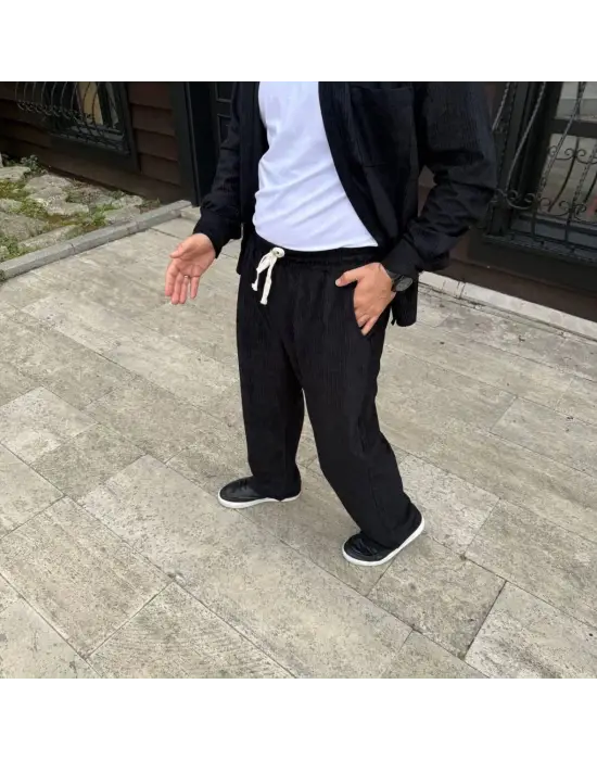 SBRD- Erkek Fitilli Kadife Cepli Buggy Pantolon Oversize Rahat Kalıp - Siyah