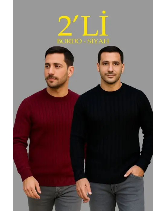 SBRD- Erkek Fitilli Triko Kazak 2’li Set Siyah Bordo Kalın Dokuma Pamuklu Regular Fit Bisiklet
