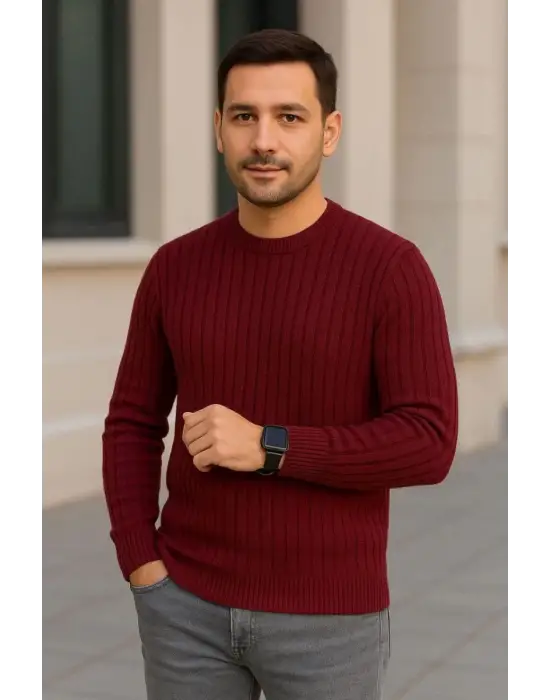 SBRD- Erkek Fitilli Triko Kazak 2’li Set Siyah Bordo Kalın Dokuma Pamuklu Regular Fit Bisiklet