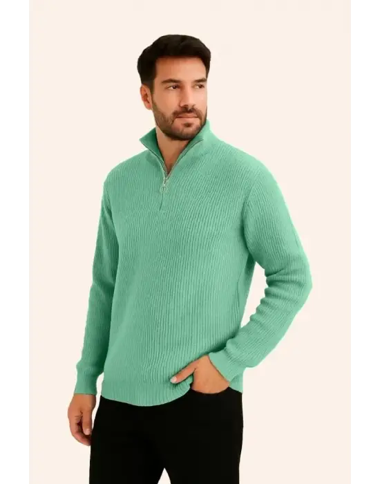 SBRD- Erkek Fitilli Triko Kazak 3’lü Set Mint Yeşili Siyah Bej Kalın Dokuma Pamuklu Regular Fit