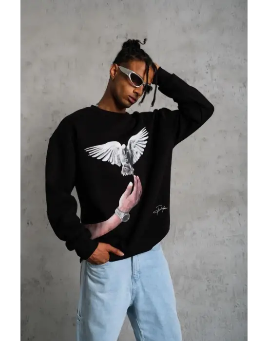 SBRD- Erkek Güvercin Baskılı 3 İplik Bisiklet Yaka İpamuklu Sweatshirt - Siyah