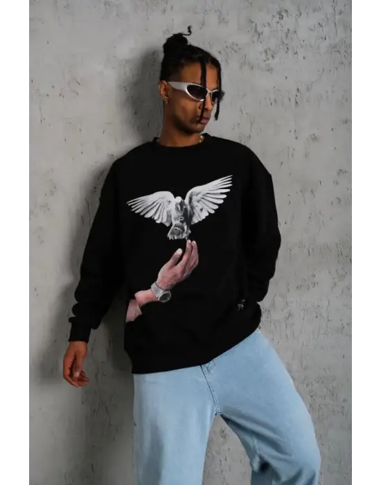 SBRD- Erkek Güvercin Baskılı 3 İplik Bisiklet Yaka İpamuklu Sweatshirt - Siyah