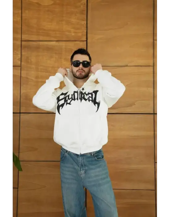 SBRD- Erkek Kapüşonlu 3 İplik Şardonlu Önü Baskılı Fermuarlı Oversize Sweatshirt - Beyaz