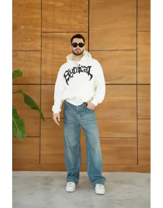 SBRD- Erkek Kapüşonlu 3 İplik Şardonlu Önü Baskılı Fermuarlı Oversize Sweatshirt - Beyaz