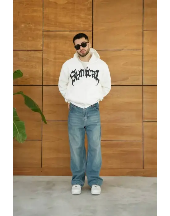 SBRD- Erkek Kapüşonlu 3 İplik Şardonlu Önü Baskılı Fermuarlı Oversize Sweatshirt - Beyaz