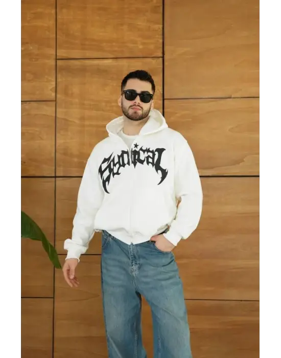SBRD- Erkek Kapüşonlu 3 İplik Şardonlu Önü Baskılı Fermuarlı Oversize Sweatshirt - Beyaz