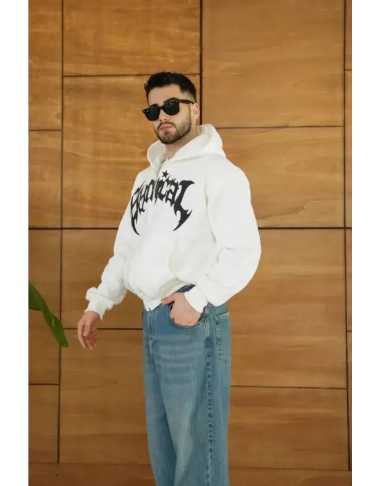 SBRD- Erkek Kapüşonlu 3 İplik Şardonlu Önü Baskılı Fermuarlı Oversize Sweatshirt - Beyaz