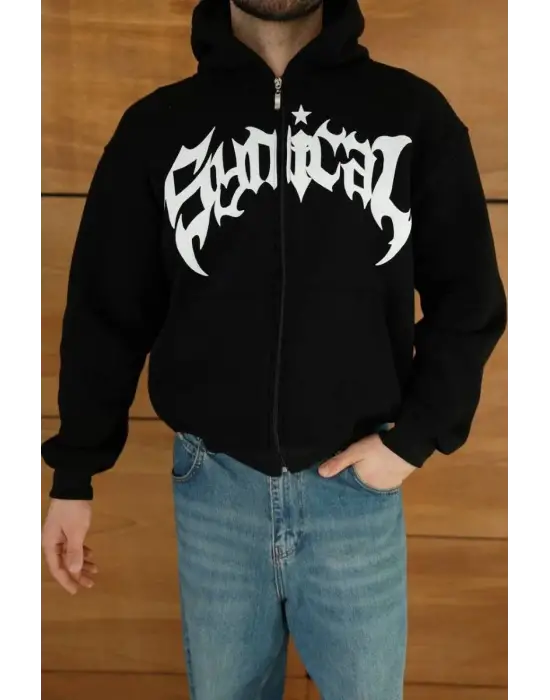 SBRD- Erkek Kapüşonlu 3 İplik Şardonlu Önü Baskılı Fermuarlı Oversize Sweatshirt - Siyah