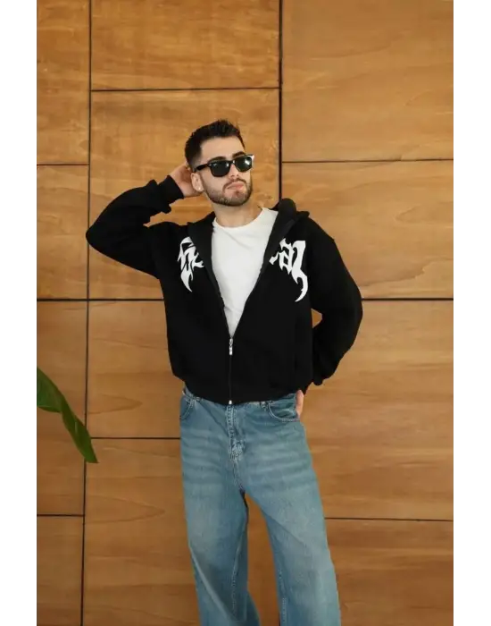 SBRD- Erkek Kapüşonlu 3 İplik Şardonlu Önü Baskılı Fermuarlı Oversize Sweatshirt - Siyah