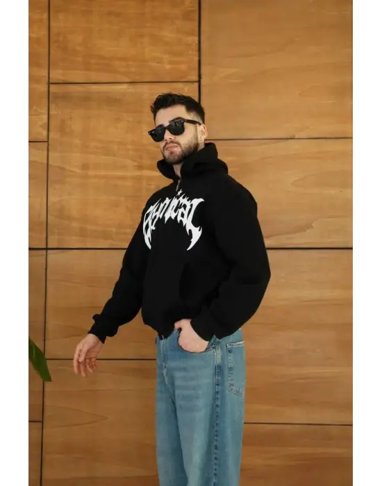 SBRD- Erkek Kapüşonlu 3 İplik Şardonlu Önü Baskılı Fermuarlı Oversize Sweatshirt - Siyah