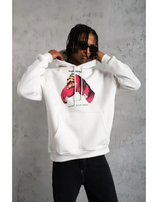 SBRD- Erkek Kapüşonlu Cepli Boks Eldiven Baskılı 3 İplik Sweatshirt Hoodie - Beyaz