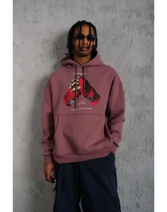 SBRD- Erkek Kapüşonlu Cepli Box Eldiven Baskılı 3 İplik Sweatshirt Hoodie - Gül Kurusu