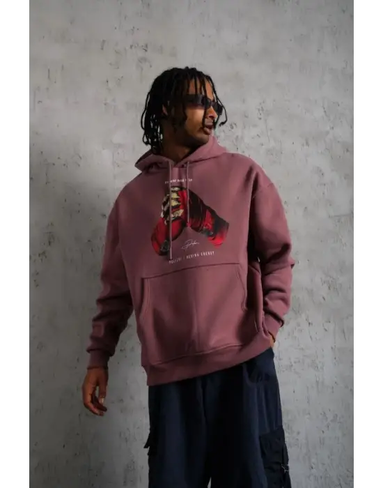 SBRD- Erkek Kapüşonlu Cepli Box Eldiven Baskılı 3 İplik Sweatshirt Hoodie - Gül Kurusu