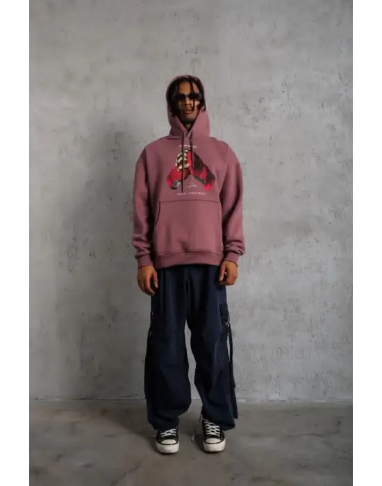 SBRD- Erkek Kapüşonlu Cepli Box Eldiven Baskılı 3 İplik Sweatshirt Hoodie - Gül Kurusu