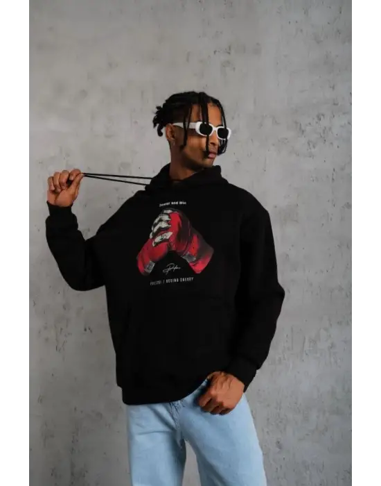 SBRD- Erkek Kapüşonlu Cepli Box Eldiven Baskılı 3 İplik Sweatshirt Hoodie - Siyah
