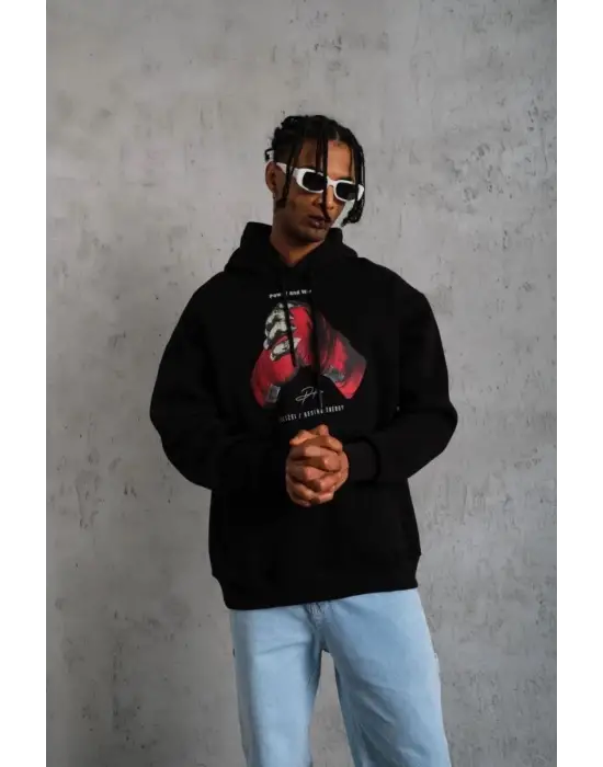 SBRD- Erkek Kapüşonlu Cepli Box Eldiven Baskılı 3 İplik Sweatshirt Hoodie - Siyah