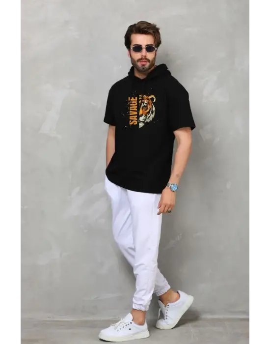 SBRD- Erkek Kapüşonlu Kısa Kol Oversize Baskılı T-shirt - Siyah