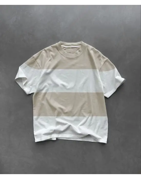 SBRD- Erkek  kısa Kol  Bisiklet Yaka Parçalı T-shirt - Bej