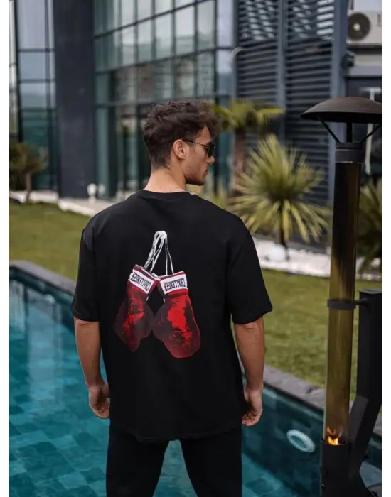 SBRD- Erkek Kısa Kol Tişört Bisiklet Yaka Box Eldiven Baskılı T-shirt -  Siyah