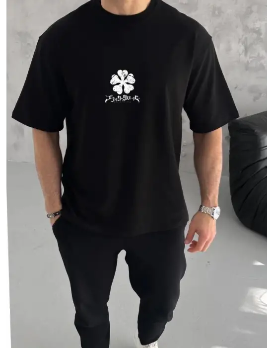 SBRD- Erkek Kısa Kol Tişört Bisiklet Yaka Yonca Baskılı Oversize T-shirt - Siyah