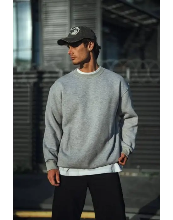 SBRD- Erkek Kışlık Bisiklet Yaka 3 İplik Basic Sweatshirt - Gri
