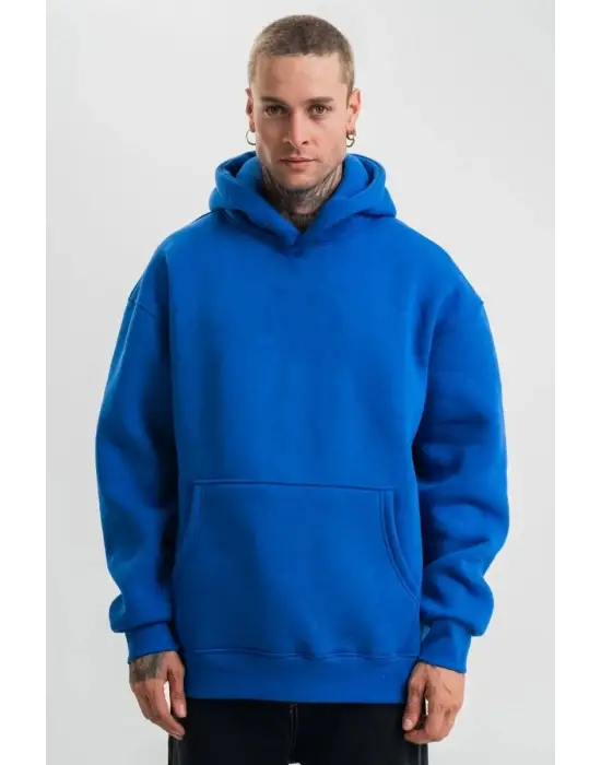 SBRD- Erkek Oversize 3 İplik Pamuklu Kapüşonlu Kanguru Cepli Hoodie Sweatshirt - Saks Mavisi