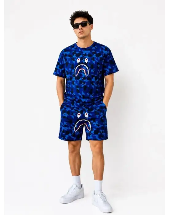 SBRD- Erkek Oversize Kalıp Pubg Bape X Shark Nakışlı Cepli Şort Takım - Mavi