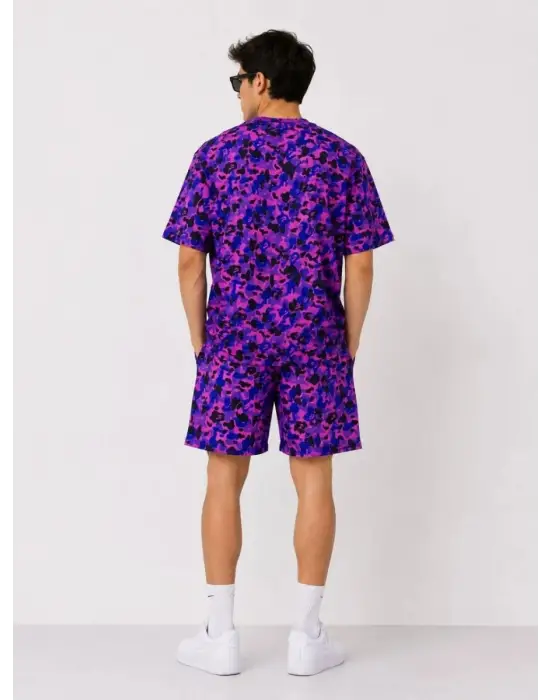 SBRD- Erkek Oversize Kalıp Pubg Bape X Shark Nakışlı Cepli Şort Takım - Mor