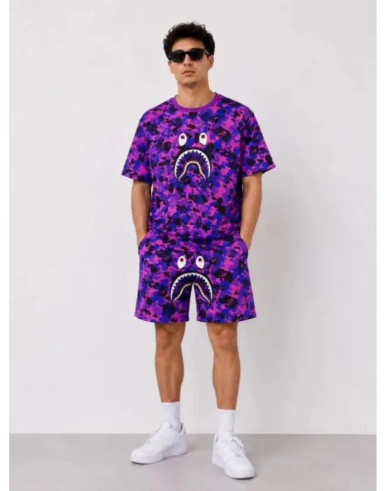 SBRD- Erkek Oversize Kalıp Pubg Bape X Shark Nakışlı Cepli Şort Takım - Mor