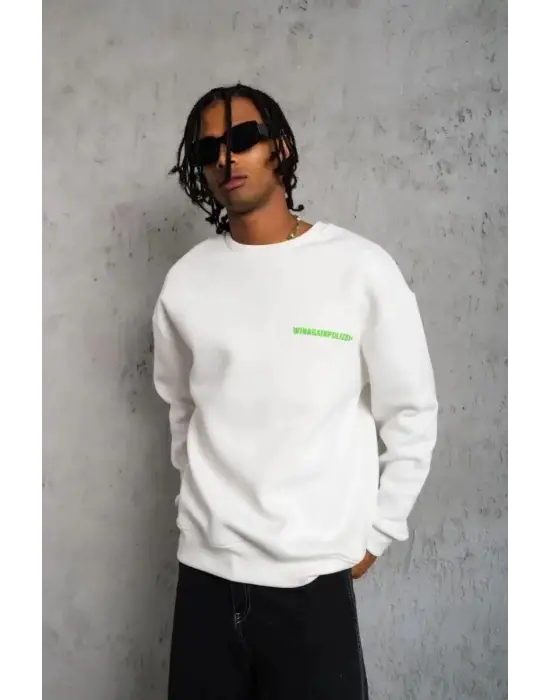 SBRD- Erkek Oversize Sweatshirt Ön Ve Sırt Baskılı 3 İplik Pamuklu - Beyaz