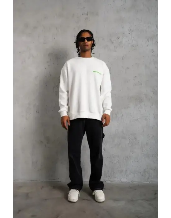 SBRD- Erkek Oversize Sweatshirt Ön Ve Sırt Baskılı 3 İplik Pamuklu - Beyaz