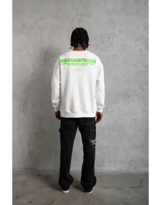 SBRD- Erkek Oversize Sweatshirt Ön Ve Sırt Baskılı 3 İplik Pamuklu - Beyaz
