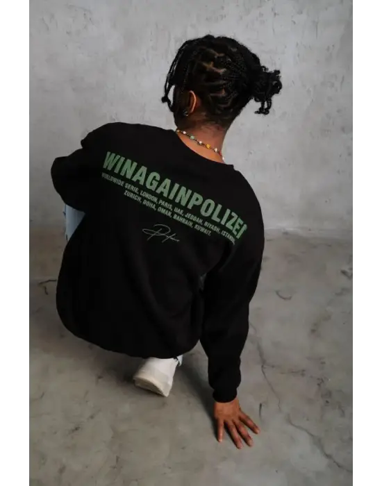 SBRD- Erkek Oversize Sweatshirt Ön Ve Sırt Baskılı 3 İplik Pamuklu - Siyah