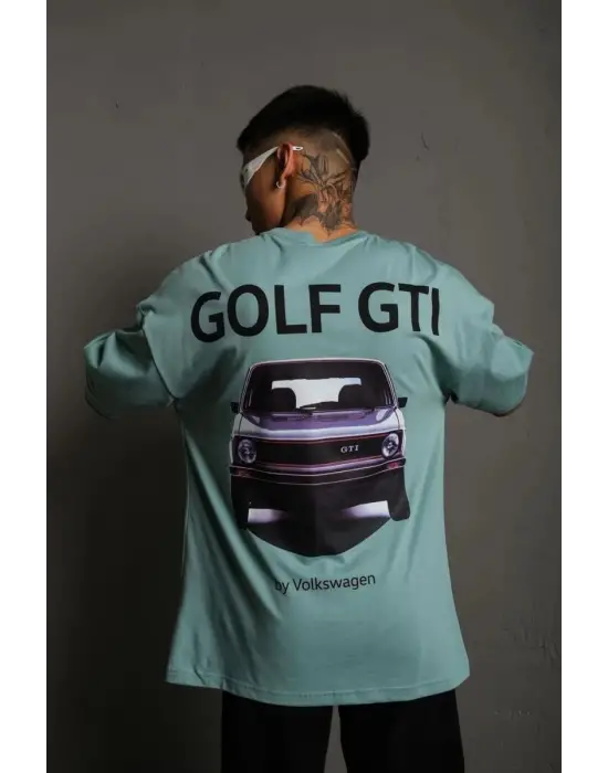 SBRD- Erkek Oversize Tişört Golf Gtı Retro Araba Baskılı T-shirt - Mint Yeşili