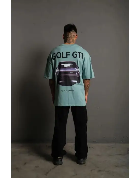 SBRD- Erkek Oversize Tişört Golf Gtı Retro Araba Baskılı T-shirt - Mint Yeşili