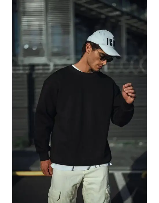 SBRD- Erkek Pamuklu Bisiklet Yaka 3 İplik Basic Sweatshirt - Siyah