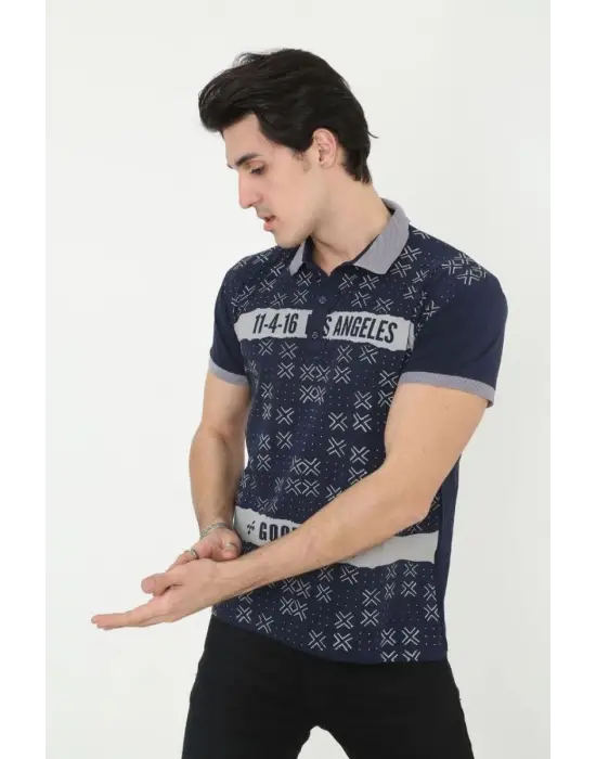 SBRD- Erkek Polo Yaka  Tişört Slim Fit Baskılı kısa Kol T-shirt - Lacivert
