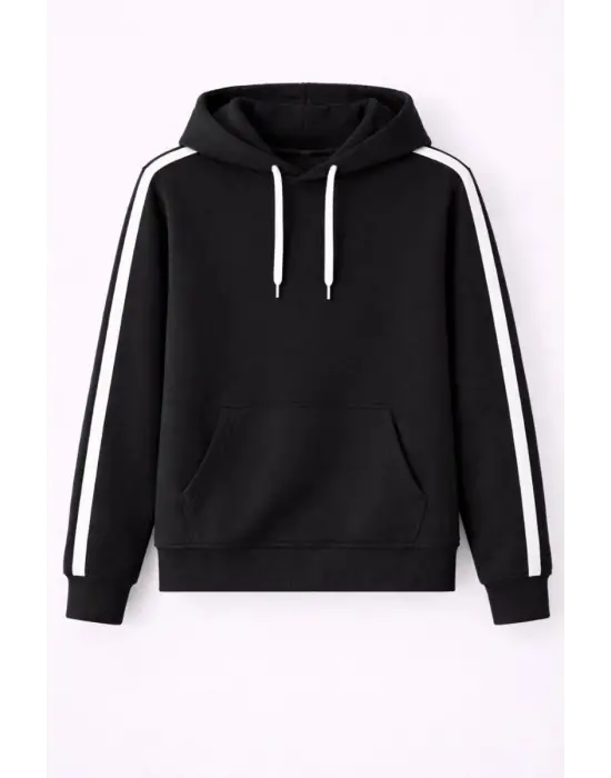 SBRD- Erkek Şeritli Kapüşonlu Sweatshirt Oversize 3 İplik Pamuklu Hoodei - Siyah