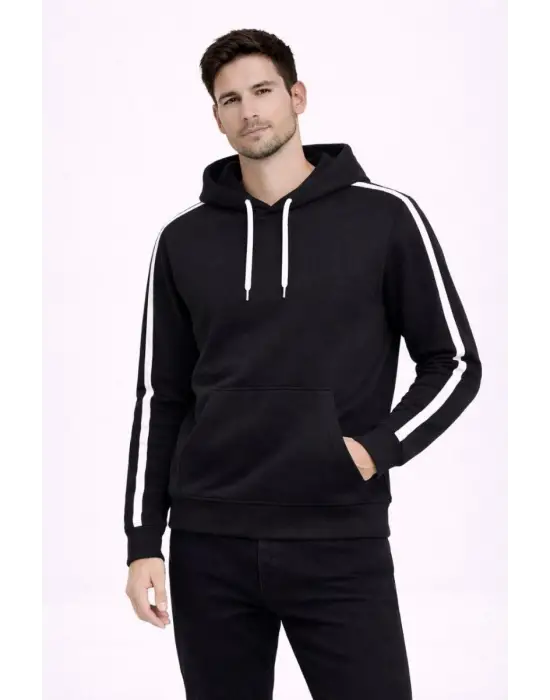 SBRD- Erkek Şeritli Kapüşonlu Sweatshirt Oversize 3 İplik Pamuklu Hoodei - Siyah