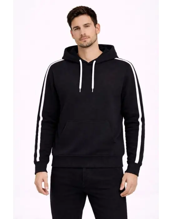 SBRD- Erkek Şeritli Kapüşonlu Sweatshirt Oversize 3 İplik Pamuklu Hoodei - Siyah