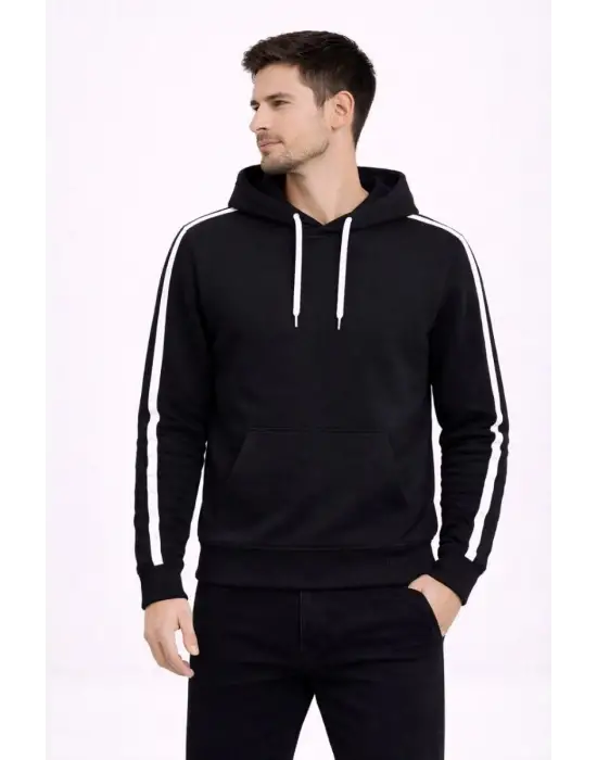 SBRD- Erkek Şeritli Kapüşonlu Sweatshirt Oversize 3 İplik Pamuklu Hoodei - Siyah